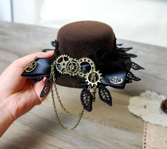

Vintage Lace Big Bow Lolita Cosplay Mini Top Hat with Gears for Men Women Steampunk Party Hair Accessories