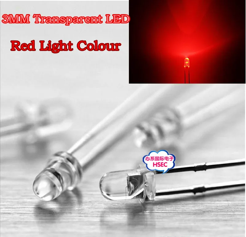 

Free shipping 1000pcs 3mm Transparent Round LED Red light Colour LED emitting diode / F3 LED Red Colour