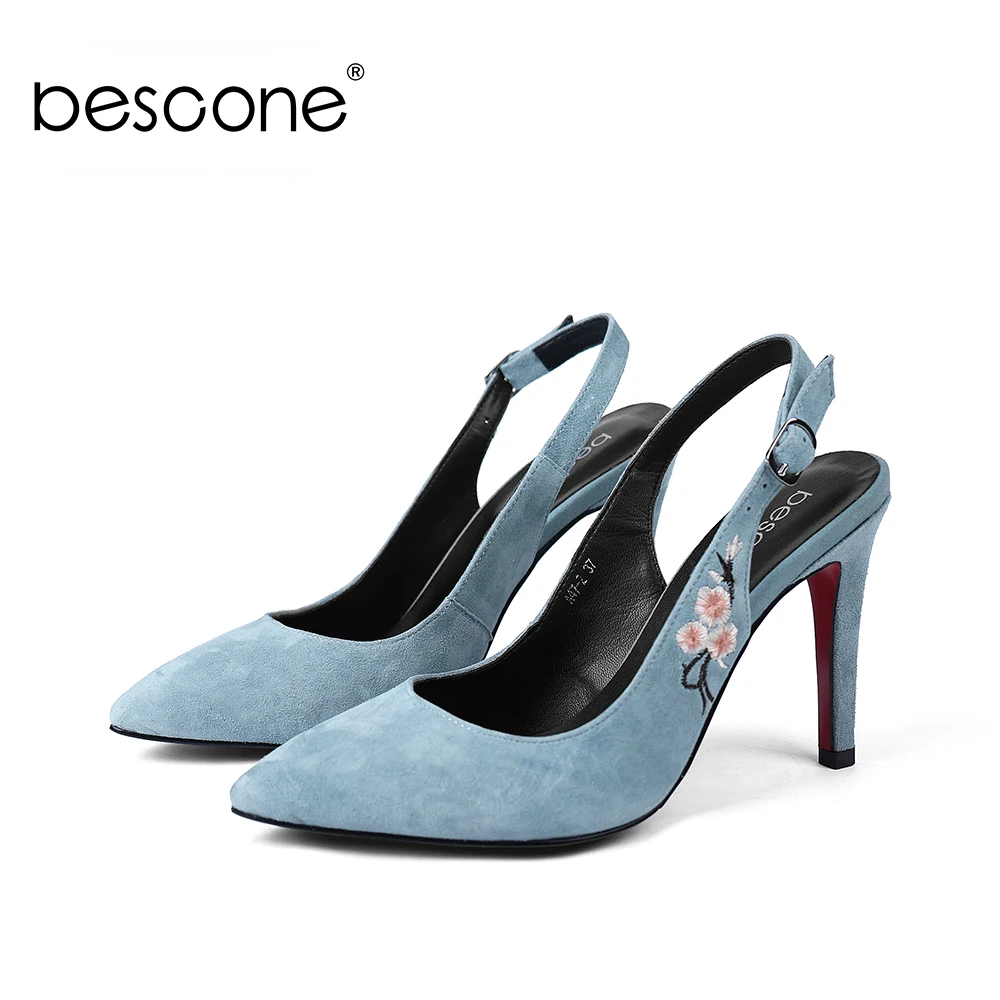 BESCONE Sexy Pointed Toe Woman Sandals High Quality Kid Suede Embroider For Female Shoes 10cm Thin Heel Buckle Strap Sandals A47