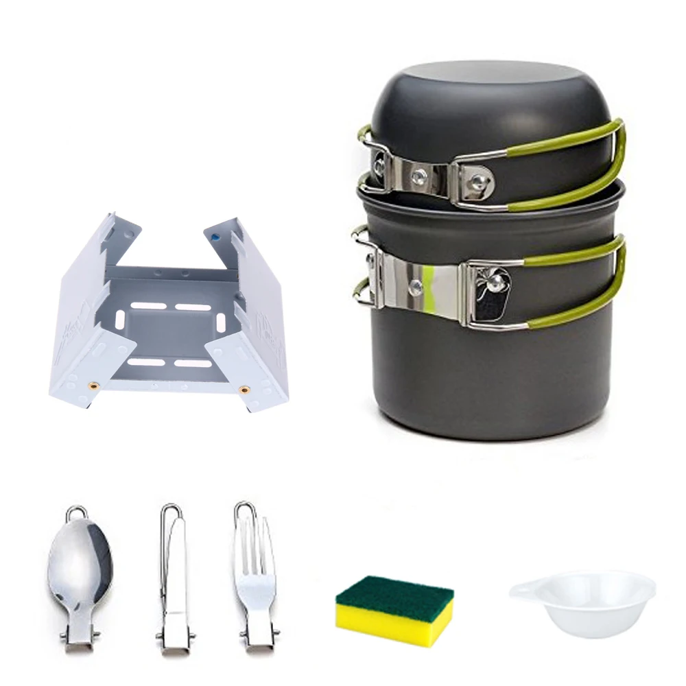 

Portable Outdoor Tableware Camping Hiking traveling Cookware Cooking Picnic Bowl Pot Pan Set for 1-2 person+Alcohol Stove