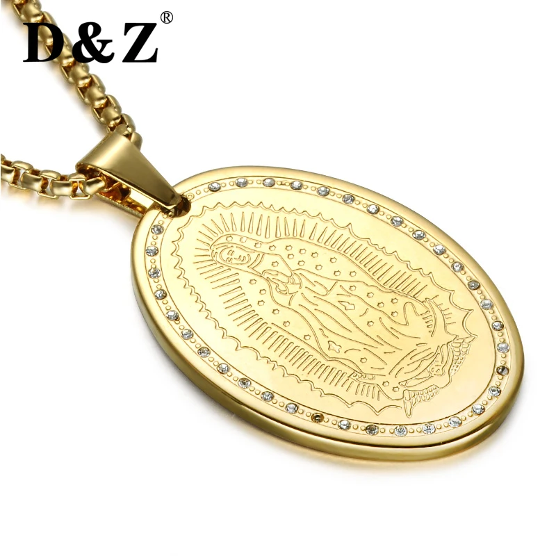 

D&Z Pave Crystal Virgin Mary Necklace Stainless Steel Our Lady of Guadalupe Pendants Necklaces For Catholic Jewelry