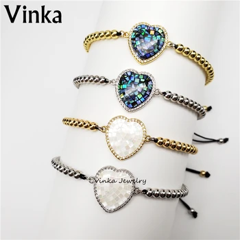 

10pcs Fashion Design Abalone Shell Love Heart CZ Link Charm Adjustable Bracelet Gift Wholesale