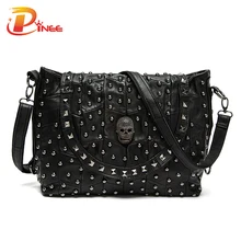 Venta caliente de Las Mujeres Carteras Y Bolsos De Lujo 2016 Diseñador Pinee Remache Cráneo Bolsas de Mensajero de Cuero Genuino
