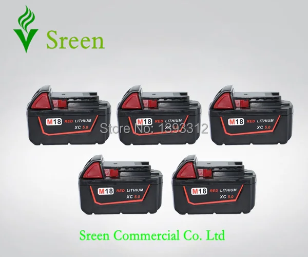 

5 x New 5000mAh 18V Rechargable Lithium Ion Replacement Power Tool Battery for Milwaukee M18 XC 48-11-1815 M18B Cordless Drill