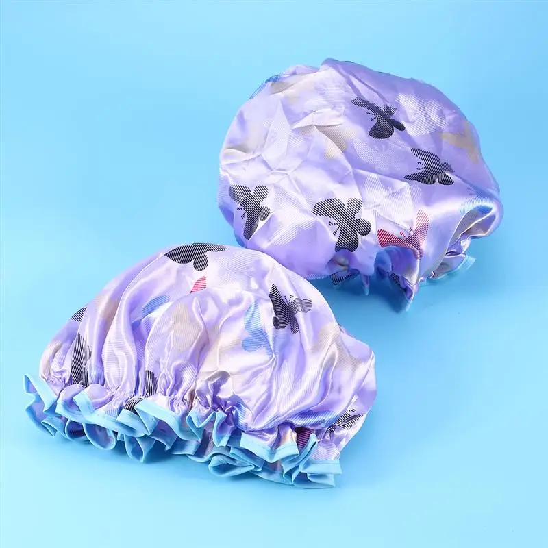 

2pcs Double Layers Shower Caps Cute Thicken Satin Elastic Bathing Caps Waterproof Bathroom Shower Hats For Women (Purple)