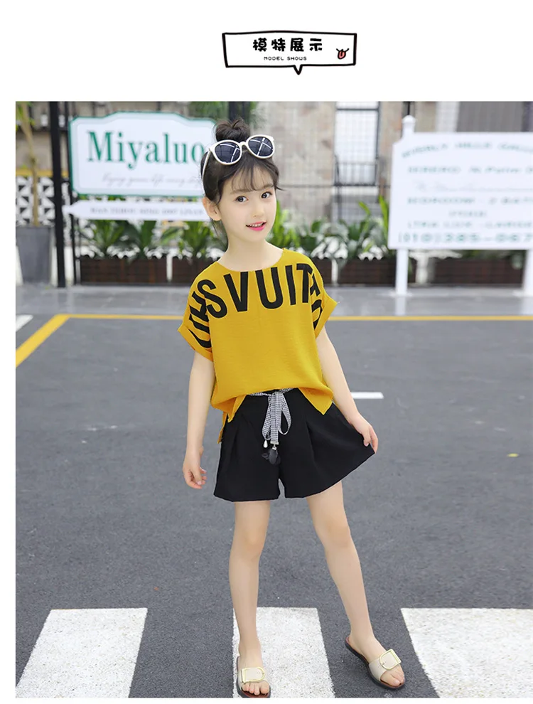 Summer Children Clothing Sets For Girls 2019 Fashion Letter Print Tshirts Tops Shorts Teenage Clothes 2Pcs Kids Suit 10 12 Years (5)