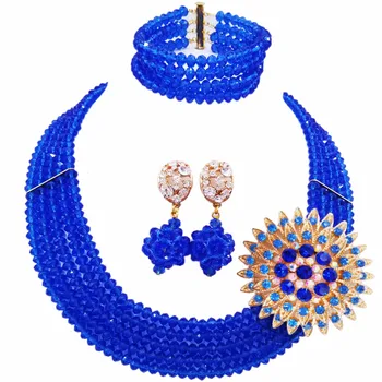 

Glamorous Blue Wedding African Beads Jewelry Set Multi Strand Statement Necklace Earrings Beads Set Free Shipping 5C-DS002