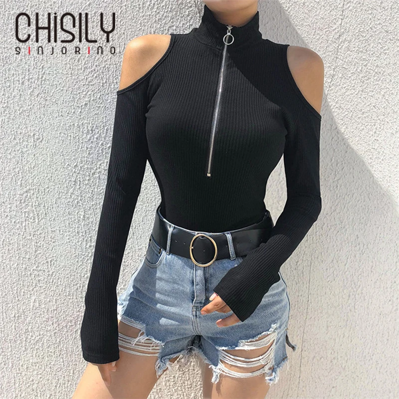 CHISILY SINJORINO Sexy Off Shoulder Skinny Women Zipper Bodysuit Turtleneck Black Long Sleeve Bodycon Top Body Jumpsuit Femme