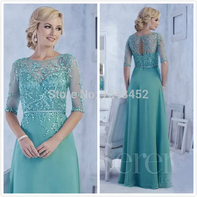 2015 vestidos de fiesta verde perlas media manga larga de gasa madre