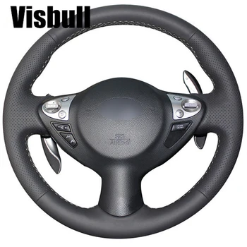 Visbull黒puレザー車のステアリングホイールカバーV1055ホンダフィット2009-2013市ジャズ