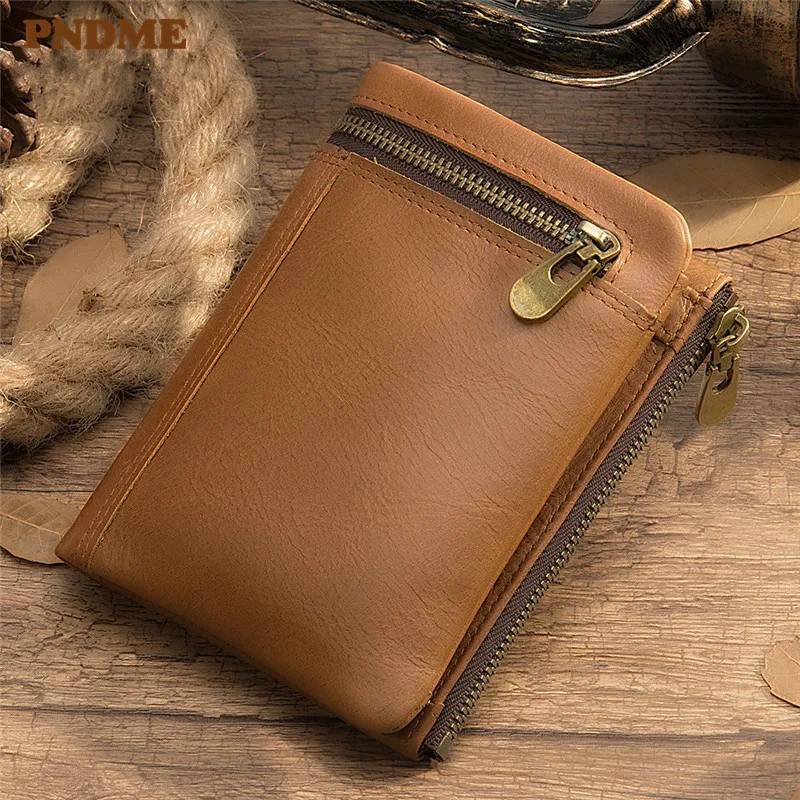 

PNDME genuine leather men's women wallet retro simple short zipper soft first layer cowhide coin purses card package ID holders