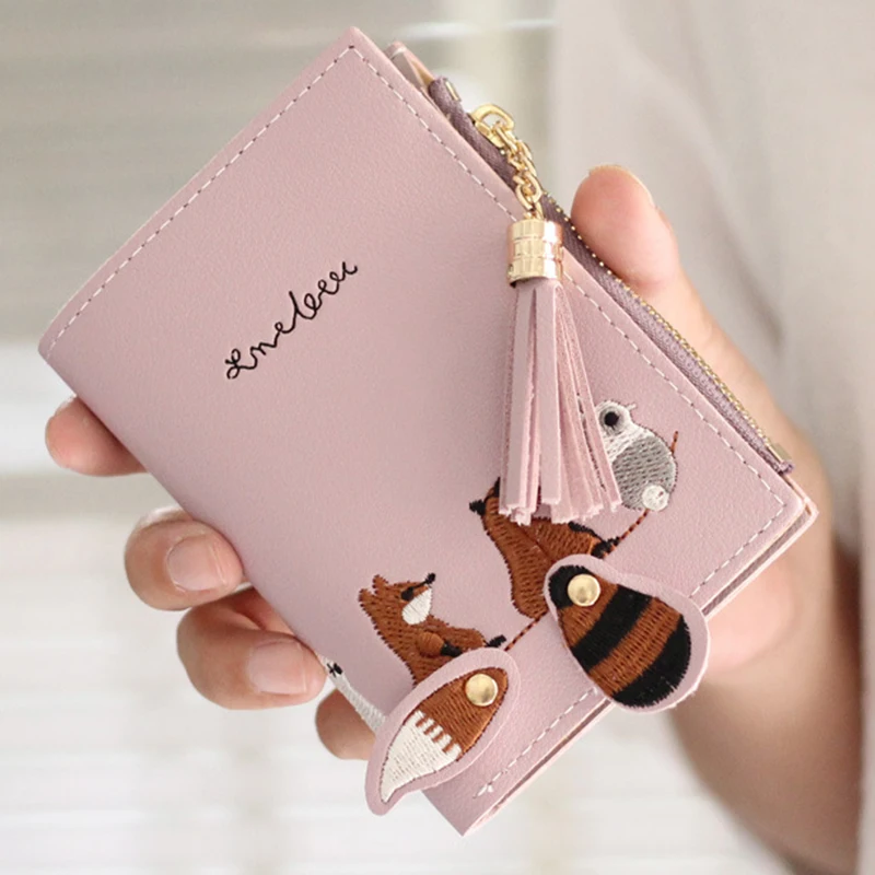 

Women's Short Wallet High quality Lovely Cartoon Animals Leather Female Small Coin Purse Hasp Zipper Purse Card Holder For Girls