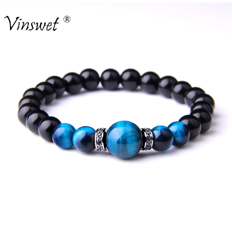 

Fashion Natural Stone Royal Blue Tiger Eyes Bracelets Men Round Black Onyx Elasticity Rope Bracelets for Women Jewelry