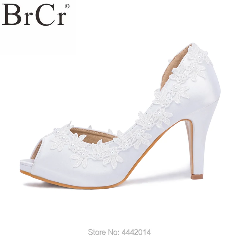 BRCR Silk stilettos the bride's wedding dress white lady's open-toe lace pearl hand-made heels | Обувь