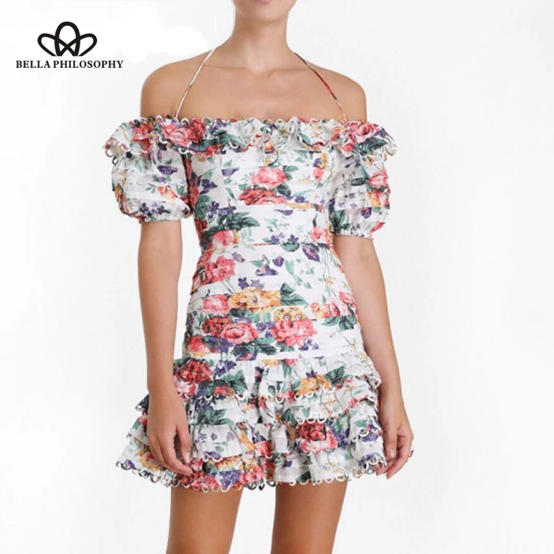 Sexy Off Shoulder Print Slash Neck Short Sleeve High Waist Hollow Out Mini Female Dresses 2019 Summer Fashion Wonde Store