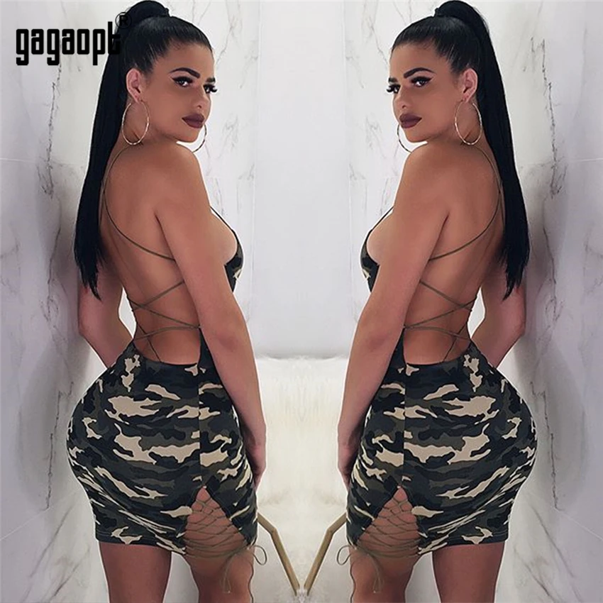 От Gagaopt сексуальное камуфляжное платье с низким вырезом на спине шнуровке
