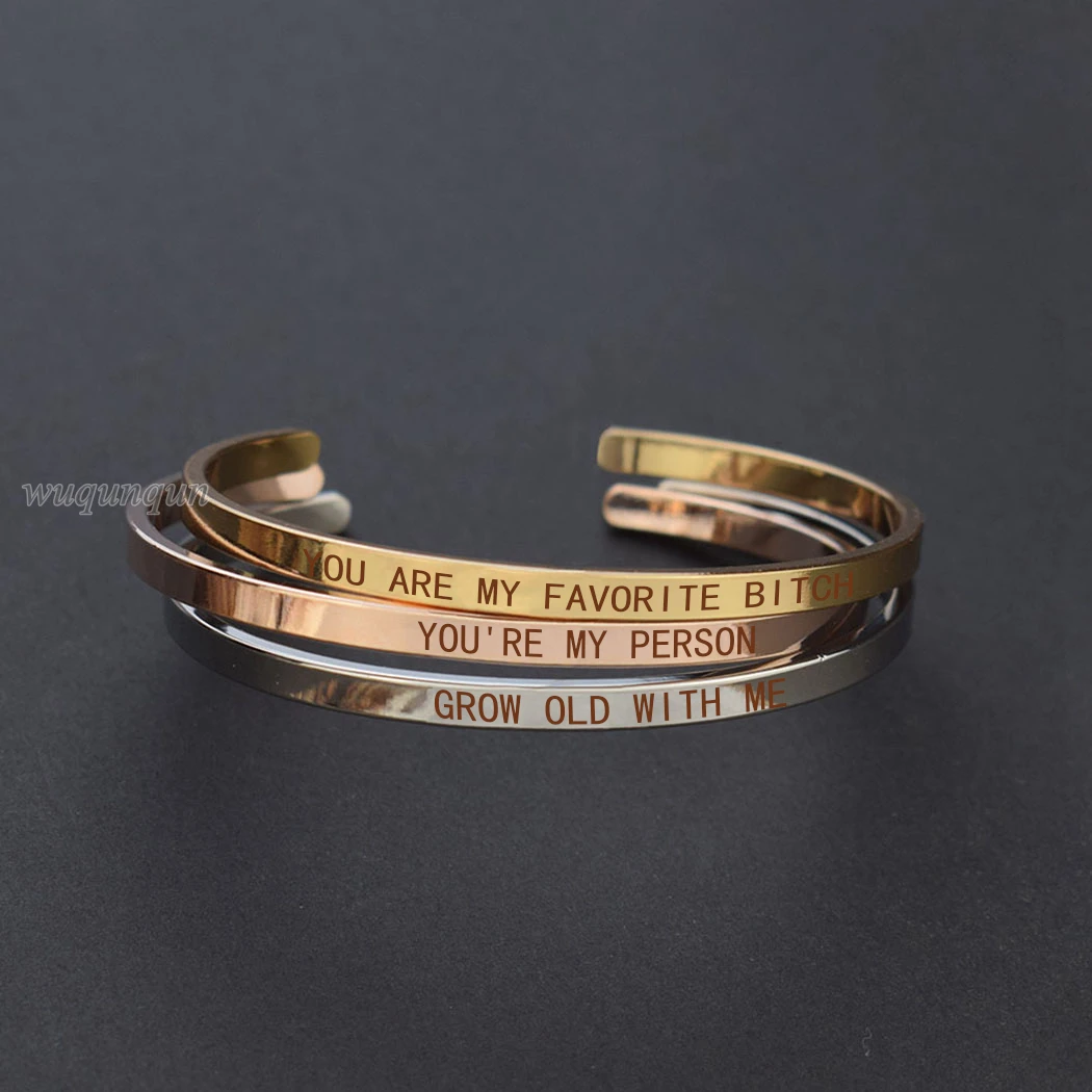 YOU ARE MY FAVORITE BITCH Letters Engraved Bangle Metal Lettering Couple Fashion Cuff Bracelet Lover Women Gift