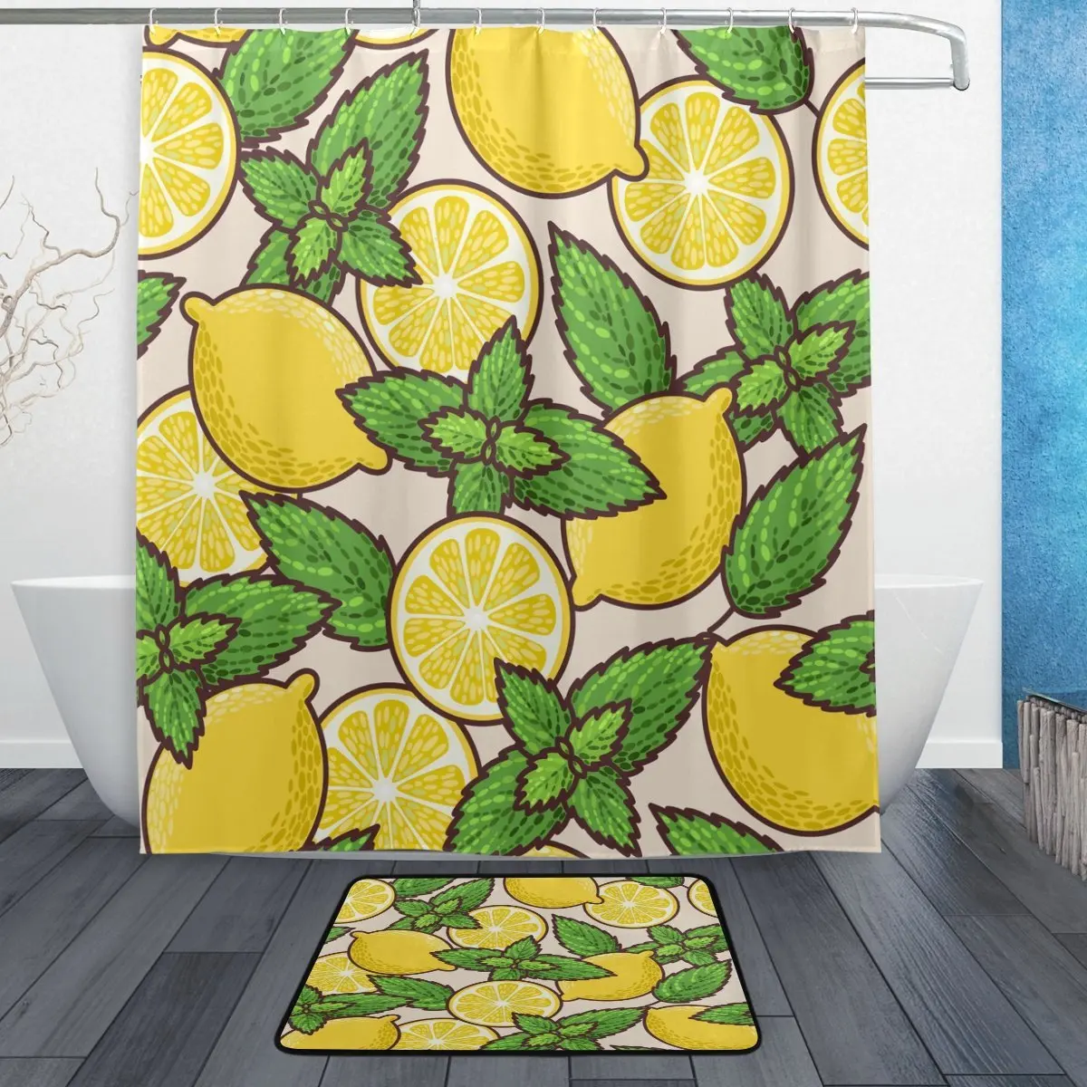 

Fresh Lemon and Peppermint Waterproof Polyester Fabric Shower Curtain with Hooks Doormat Bath Floor Mat Bathroom Home Decor