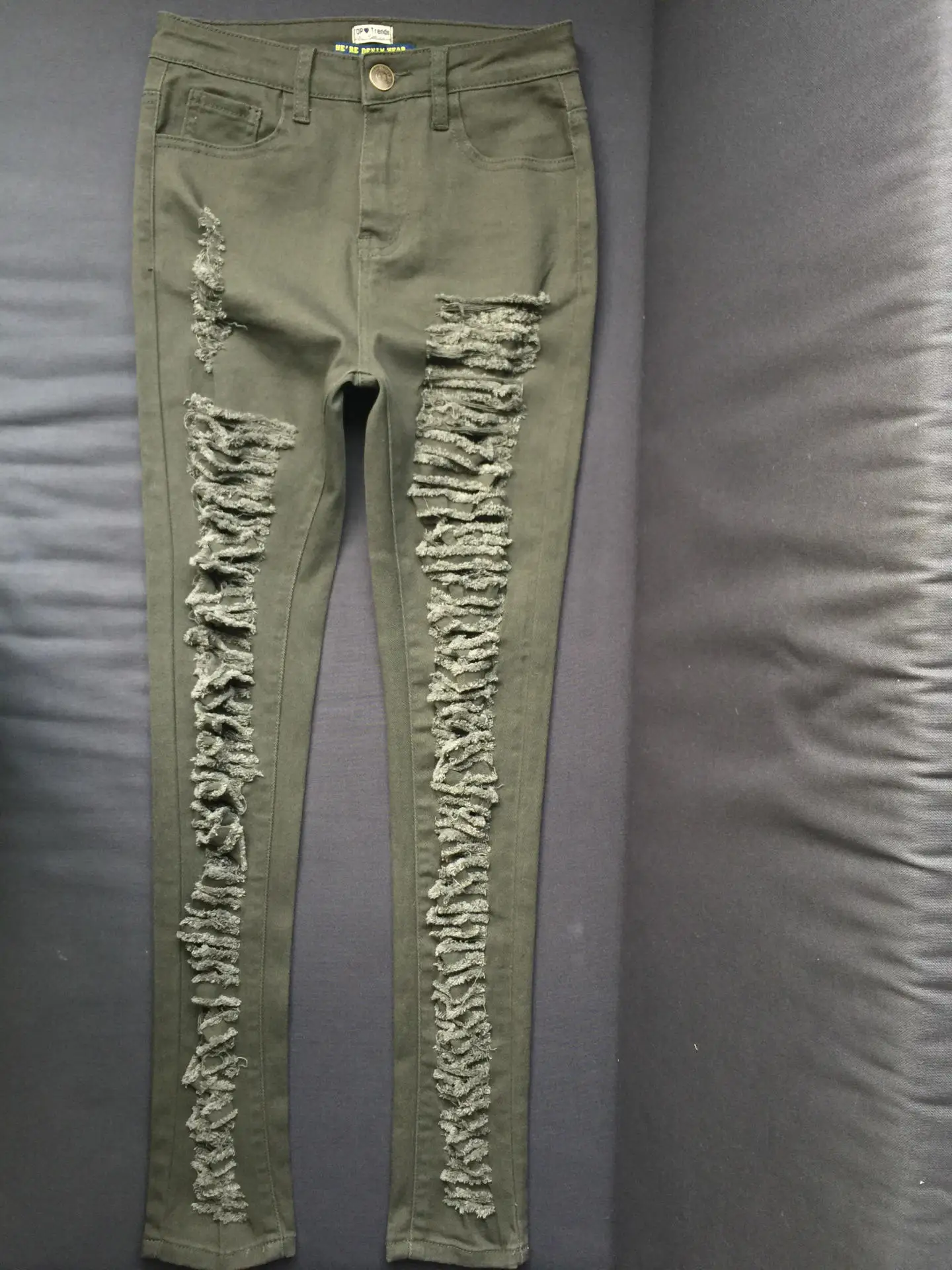 Армейский зеленый модные Высокая Талия обтягивающие джинсы Для женщин выдалбливают отверстия Рваные джинсы Femme Push Up Англия Америка деним