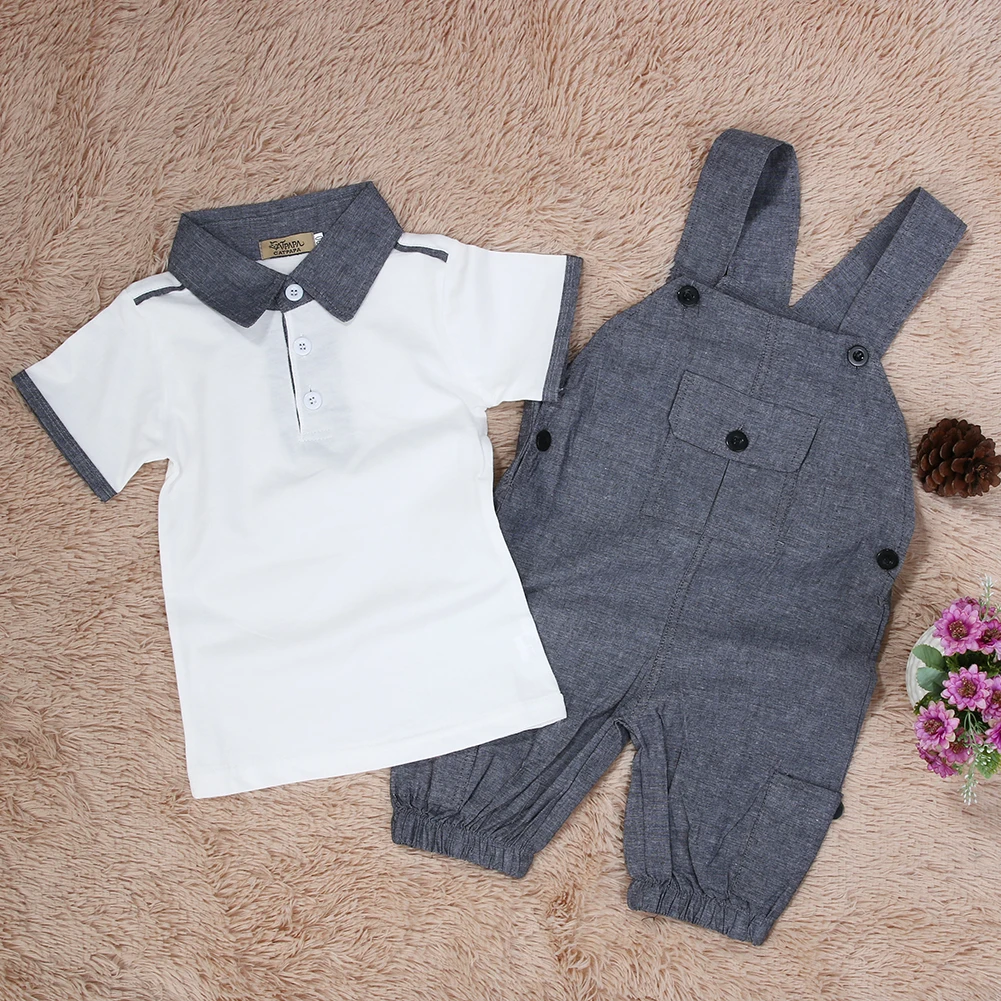 Baby Clothing White Short Sleeve Turn-down T-shirt Tops + Gray Loose Suspender Overall Pants Baby Boys Clothes Set 0-24 Month