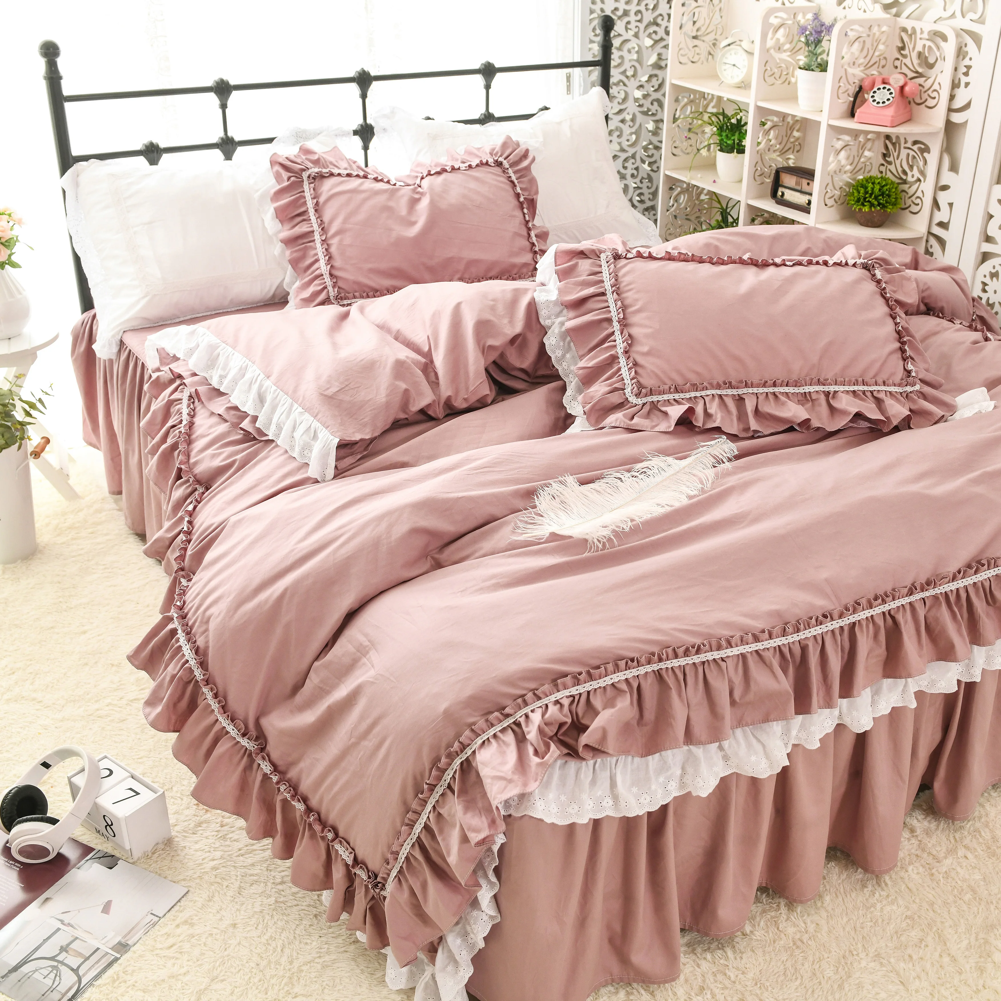 Korean version of the bed skirt style cotton lace embroidered quilt cover solid color princess girl heart bedding | Дом и сад