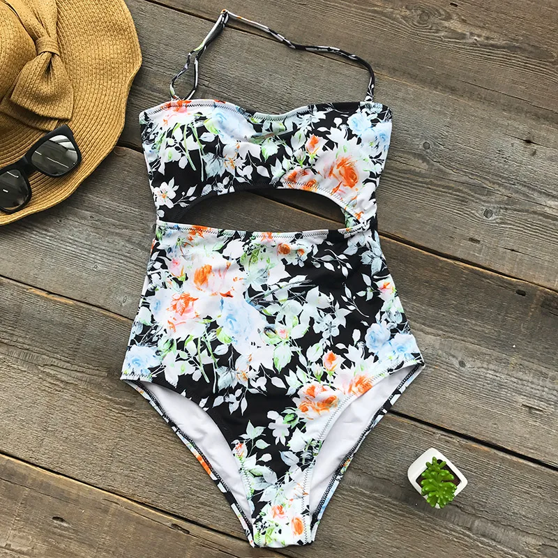 

Women Plus Size Sexy Floral Print Bikini Set Padded One Piece Swimsuit Summer Ladies Beach Bathing Suit Swimwear with Cutout 2XL