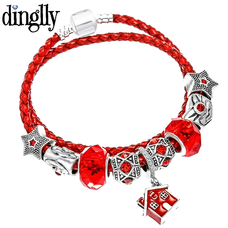 

DINGLLY Red Woven Leather Silver Plated Stars Beaded Brands Bracelets For Women Men DIY Houses Charm Bracelet Jewelry Gifts