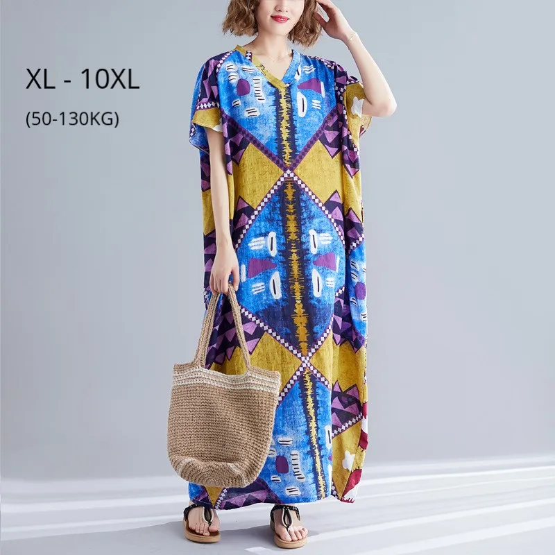 

Fashion Women Cotton Blend Summer Dress Vintage Printed Boho Style Loose Clothing Plus Size 10XL 9XL 8XL 7XL Maxi Beach Dresses
