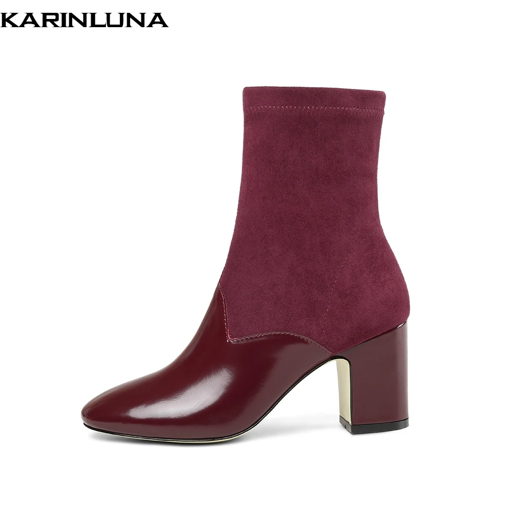 

KARINLUNA HOT SALE 2019 GENUINE LEATHER SQUARE HIGH HEELS ELASTIC BOOTS WOMEN SHOES WOMAN FASHION SHOES WOMAN ANKLE BOOTS