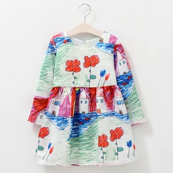 

Floral Girls Dress 2018 Spring Casual Clothing Baby Girls Graffiti Dress Long Sleeve Kids Cute Dresses for Girls 2-10 Years