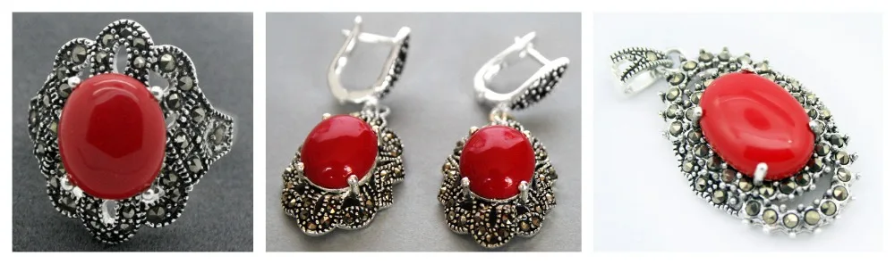 

Lady's Red Carved Lacquer Marcasite 925 Sterling Silver Ring(#6-9) Earrings & Pandent jewelry