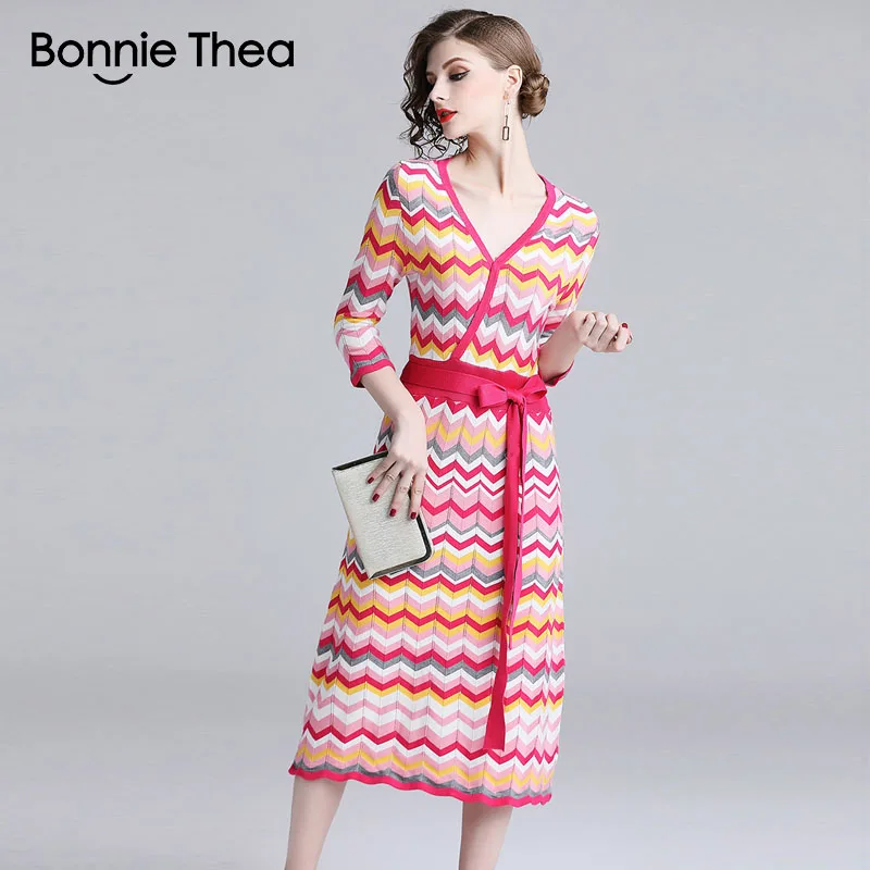 Женское вязаное платье в радужную полоску Bonnie Thea элегантное осеннее свитер