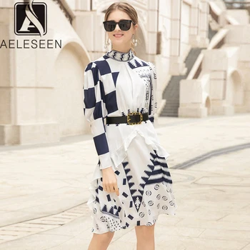 

AELESEEN High Quality Dress Women 2019 Summer Puff Sleeve Floral Print Ruffles Bow Sashe Geometric Printed Dress