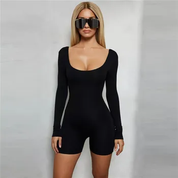

Women U Neck Playsuits Sexy Skinny Long Sleeve Rompers Summer Spring Autumn Solid Color Slim Jumpsuit Bodysuit Sport Wear 2Color