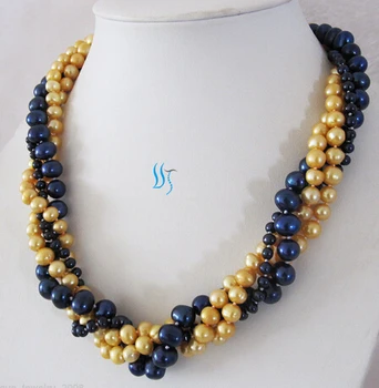 

FREE SHIPPING>>>@@ AS3710 4-10mm 4Row Navy Golden Freshwater Pearl Necklace