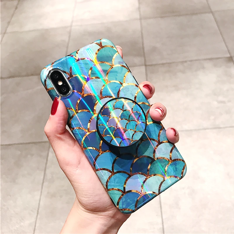 Shiny mermaid scales laser phone cases for iphone 7 8 X XR XS Max 6 S 6s 7 8 plus Ring air bag Stand holder Grip case back cover (7)