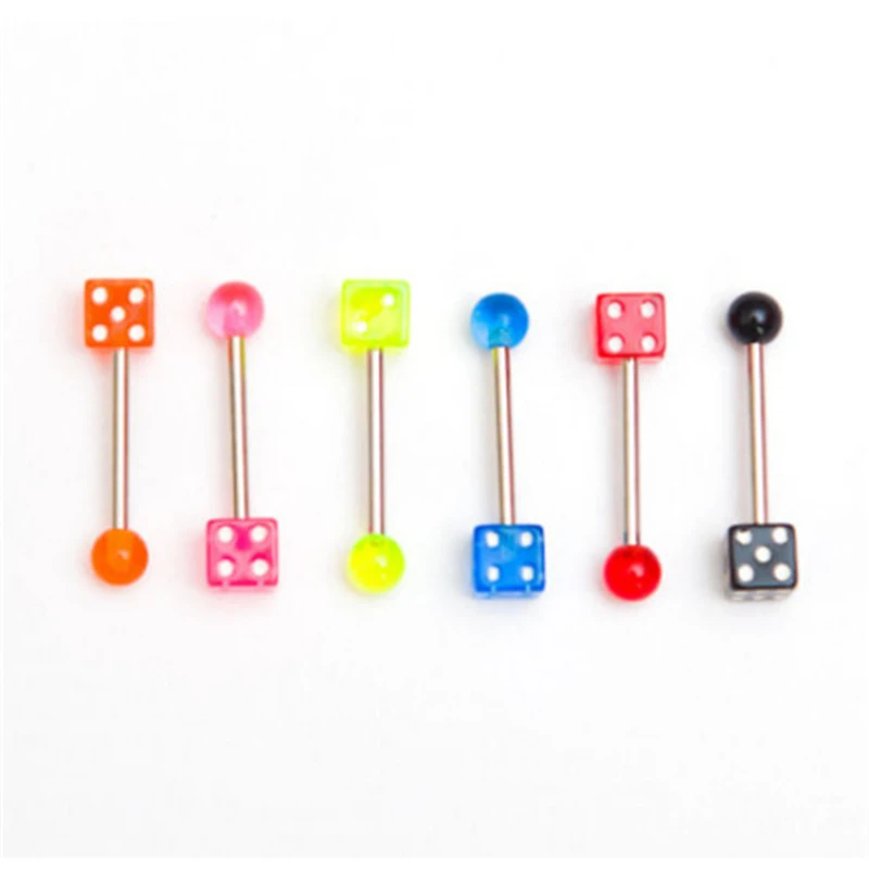 

Hot Stainless Steel Helix Tongue Rings Piercing Labret Rings Dice Body Barbell Piercing Nipple Colorful Ear Studs Jewelry Gift