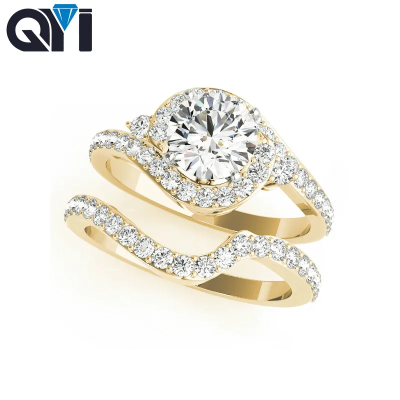 

QYI Luxury Yellow Gold Plated Set 925 Silver Ring Wedding Jewelry Promise Rings For Women Bridal Ring Sets,18K gold custom