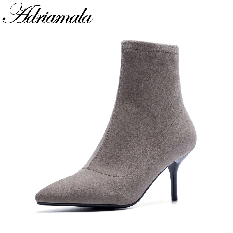 

2018 Genuine Leather Women Boots High Heel Pointed Toe Thin Heels Mid-calf Cotton Fabric Pigskin Ladies Autumn Shoes Adriamala