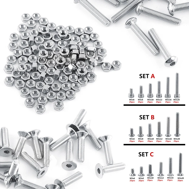 250pc/set A2 Stainless Steel M3 Cap/Button/Flat Head Screws Sets Hex Socket Bolt With Hex Nuts Assortment Kit Mayitr