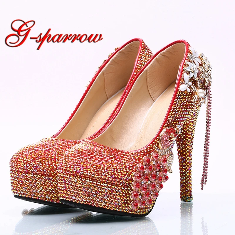 Gorgeous New Style Red Ab Rhinestone Wedding Bridal Shoes With Phoenix  Round Toe Blingbling Bride Party Ceremony Pumps Size 44 - Pumps - AliExpress