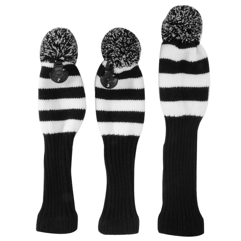 New Sale 3 Pcs Black & White Stripe Sock Retro Golf Wood Headcover Golf Headcover Set
