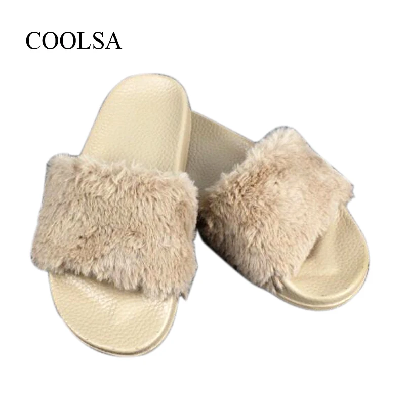 Женские меховые тапочки COOLSA зимние Плоские домашние Нескользящие теплые