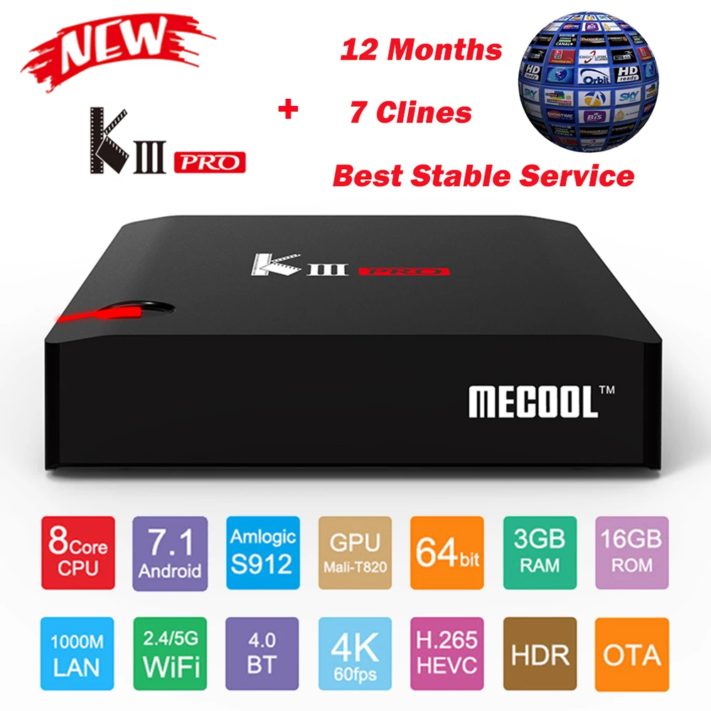 

MECOOL KIII PRO DVB-S2 DVB-T2 DVB-C Android 7.1 TV Box 3GB 16GB Amlogic S912 4K Combo Media Player with 7 C-line Europe Server