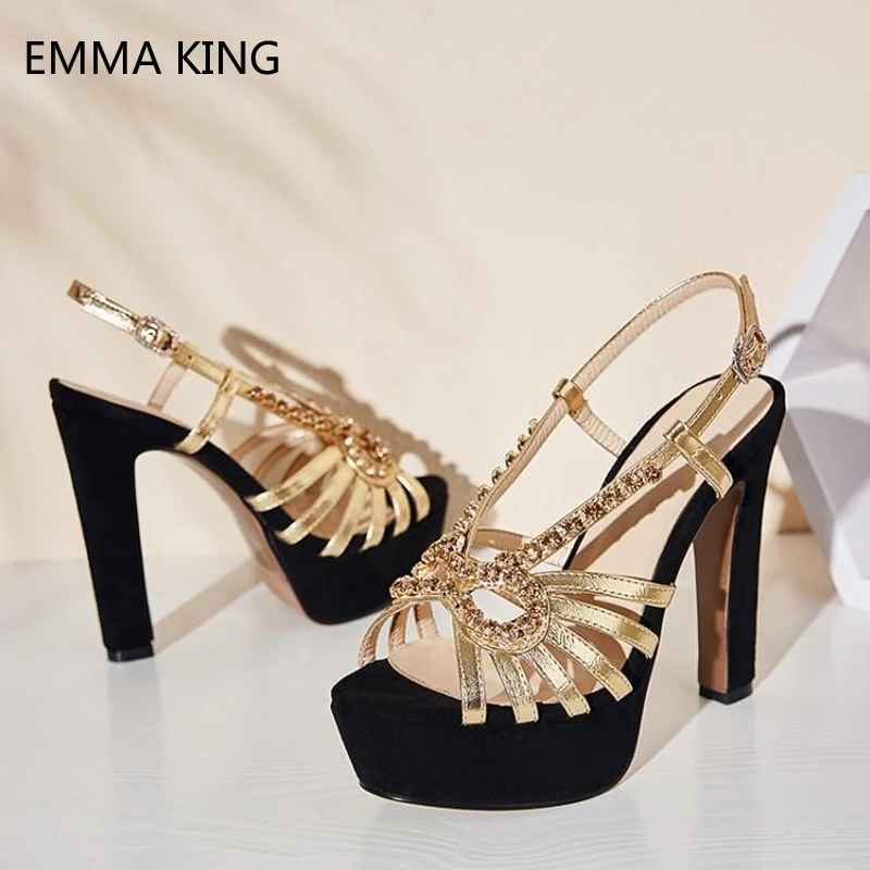 

Summer Crystal Runway Sandals Women 2019 Fashion Peep Toe Mules Thick Heels Rhinestones Bow Ankle Strap Platform Ladies Sandals