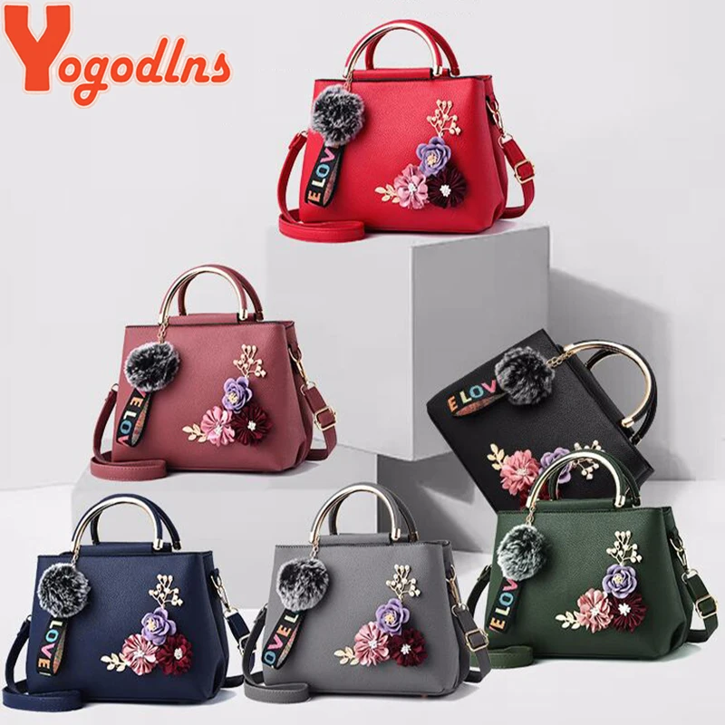 Yogodlns PU Leather Bags for Women Shoulder Bag flower Solid color bag feminina Handbag crossbody leather bag