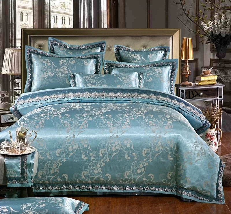 White Silver Color Jacquard Luxury Bedding sets 4/6 Pcs Queen/King size lace cotton Stain Bed set Bed linen Duvet cover pillow 72