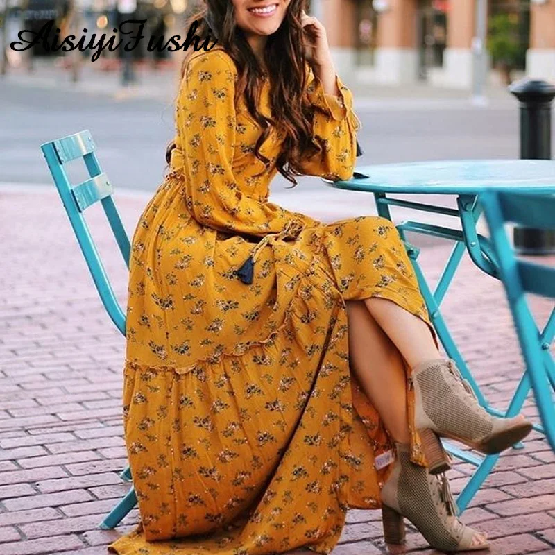

29 Colors Flower Print Dresses Corduroy Elastic Waist Vintage Dress Women Full Sleeve Long Maxi Floral Dress Vestido Feminino