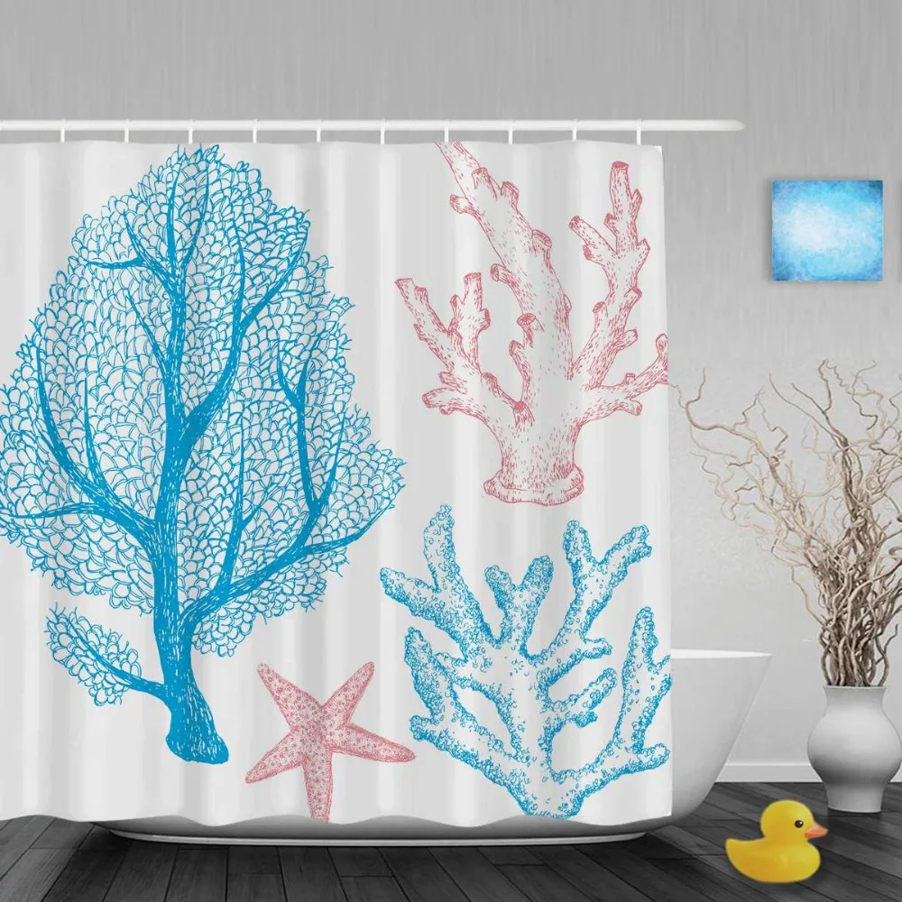 Marine Life Designed Bathroom Shower Curtain Coral And Starfish Decor