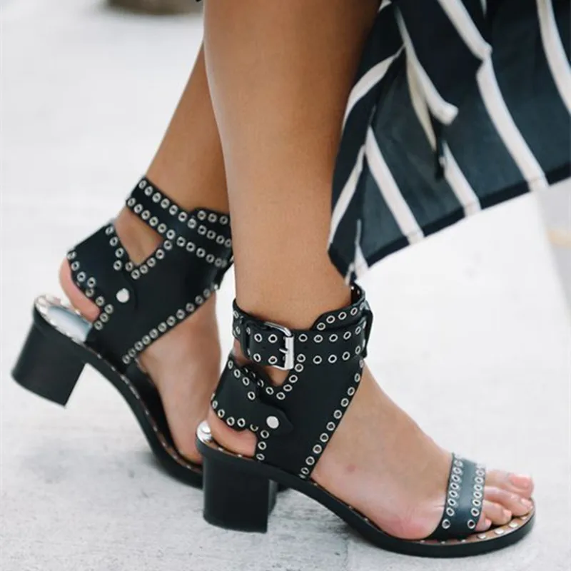 Summer Studded Leather Sandals Female Rome Leather Rivets Sandals High-heeled Buckle Sandals Shoes Women Sandalias Mujer Tacon